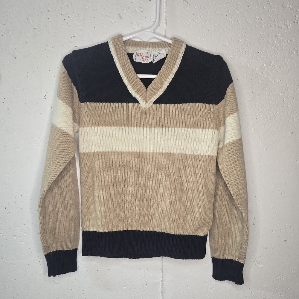 Kids V-Neck Striped Sweater - Beige and Navy